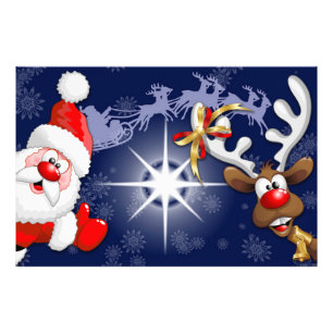 Santa and Reindeer Merry Christmass Happy Cartoon Photo Print