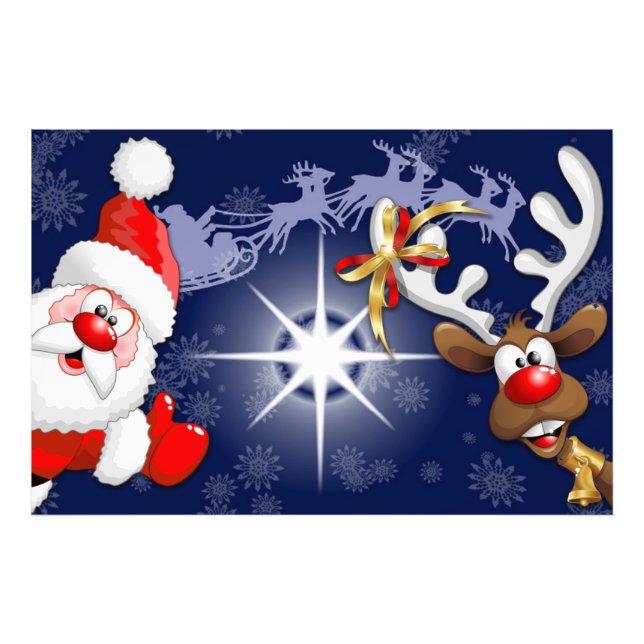 Santa and Reindeer Merry Christmass Happy Cartoon Photo Print (Front)