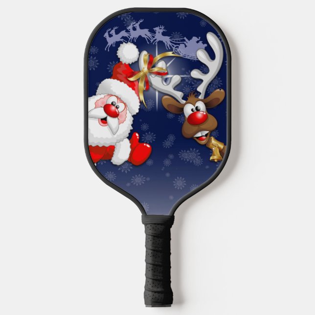 Santa and Reindeer Merry Christmass Happy Cartoon Pickleball Paddle (Front)