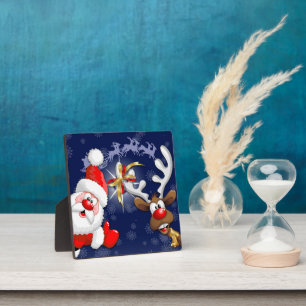Santa and Reindeer Merry Christmass Happy Cartoon Plaque