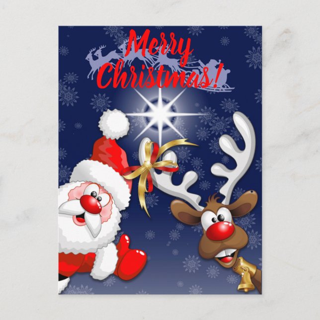 Santa and Reindeer Merry Christmass Happy Cartoon Postcard (Front)