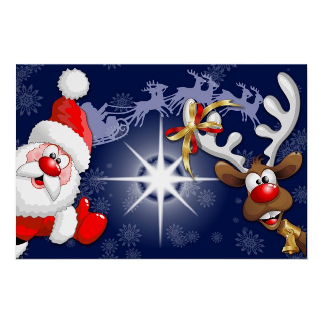 Santa and Reindeer Merry Christmass Happy Cartoon Poster (Front)