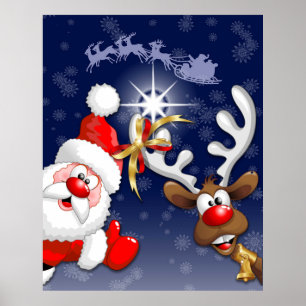 Santa and Reindeer Merry Christmass Happy Cartoon Poster
