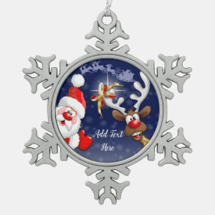 Santa and Reindeer Merry Christmass Happy Cartoon Snowflake Pewter Christmas Ornament