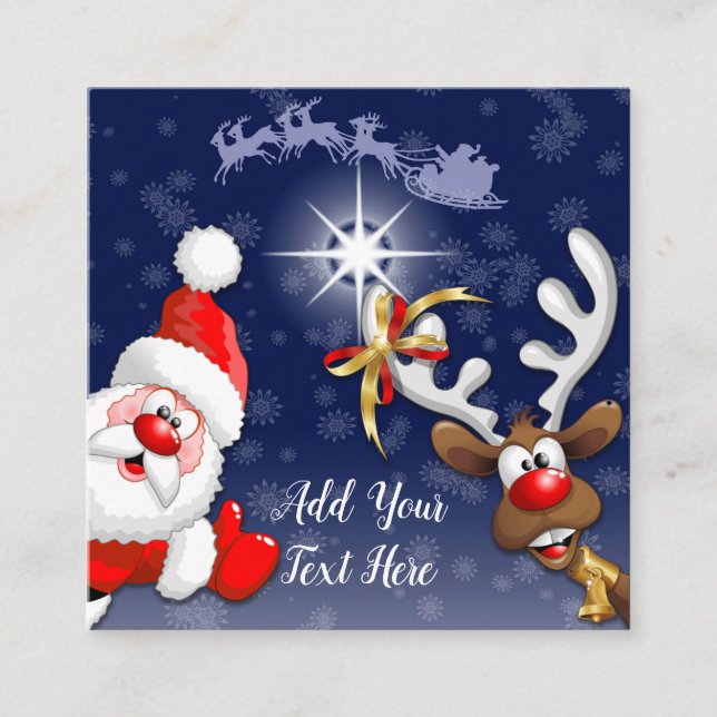 Santa and Reindeer Merry Christmass Happy Cartoon Square Business Card (Front)