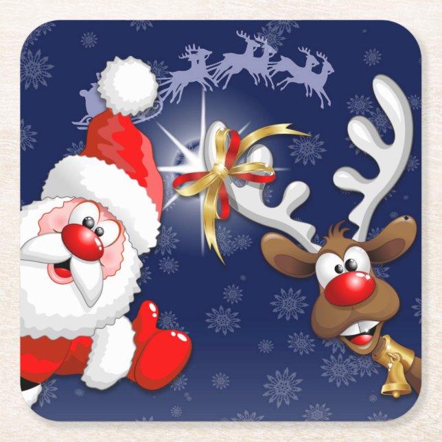 Santa and Reindeer Merry Christmass Happy Cartoon Square Paper Coaster (Front)
