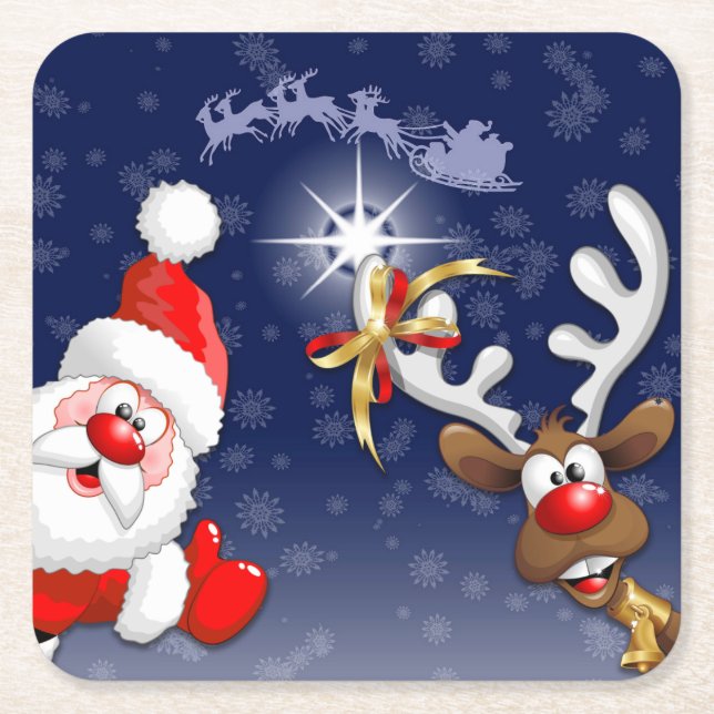 Santa and Reindeer Merry Christmass Happy Cartoon Square Paper Coaster (Front)