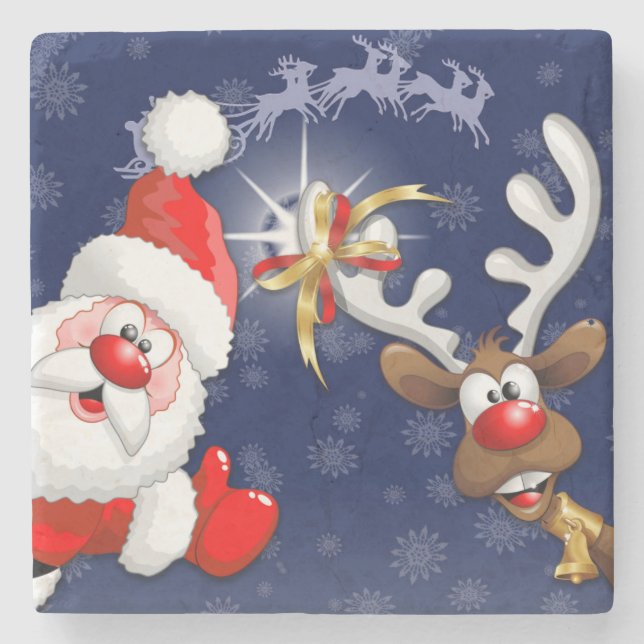 Santa and Reindeer Merry Christmass Happy Cartoon Stone Coaster (Front)