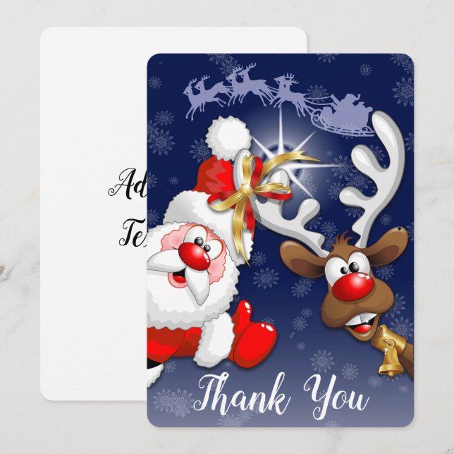 Santa and Reindeer Merry Christmass Happy Cartoon Thank You Card (Front/Back)