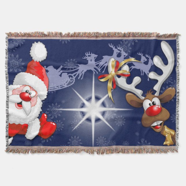 Santa and Reindeer Merry Christmass Happy Cartoon Throw Blanket (Front)