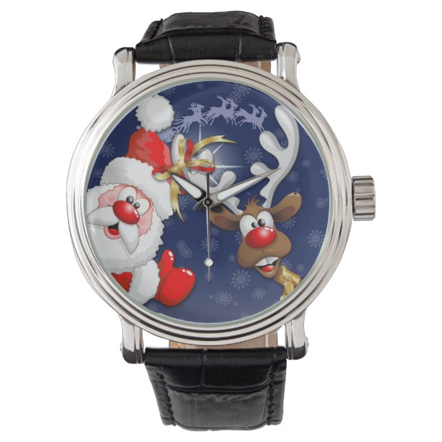 Santa and Reindeer Merry Christmass Happy Cartoon Watch (Front)