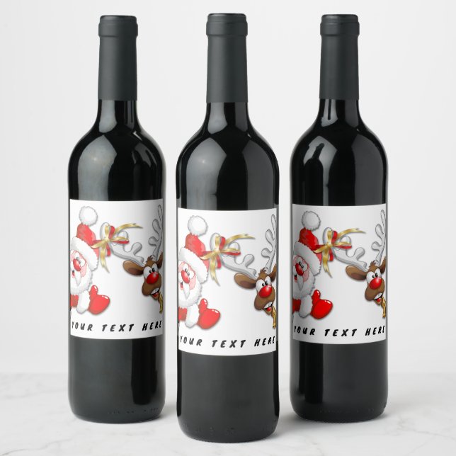 Santa and Reindeer Merry Christmass Happy Cartoon Wine Label (Bottles)
