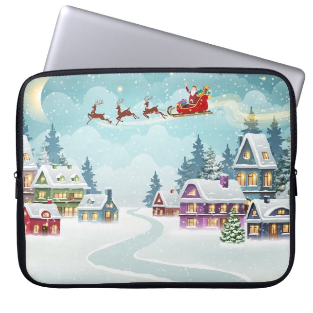 Santa and Reindeer on Christmas Background. Winter Laptop Sleeve (Front)
