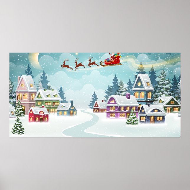 Santa and Reindeer on Christmas Background. Winter Poster (Front)