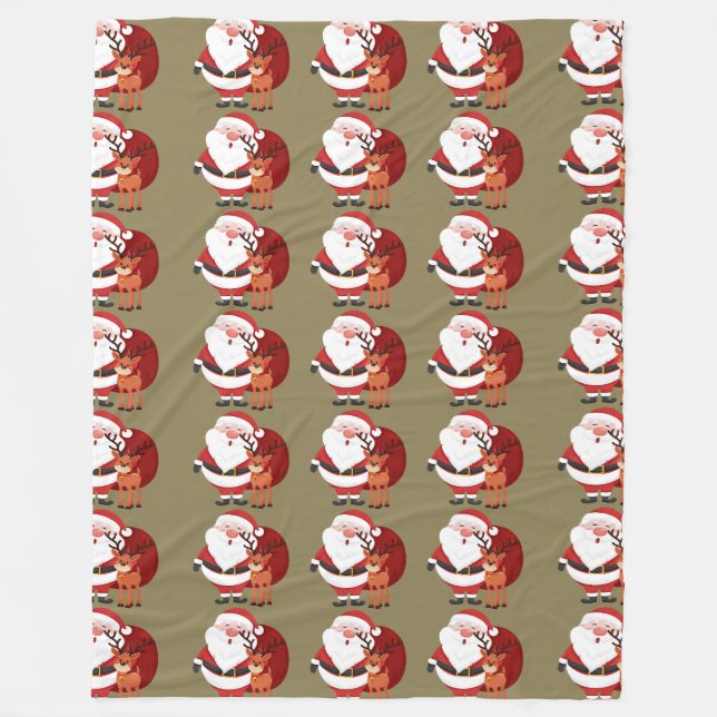 Santa and Reindeer Pattern Fleece Blanket (Front)