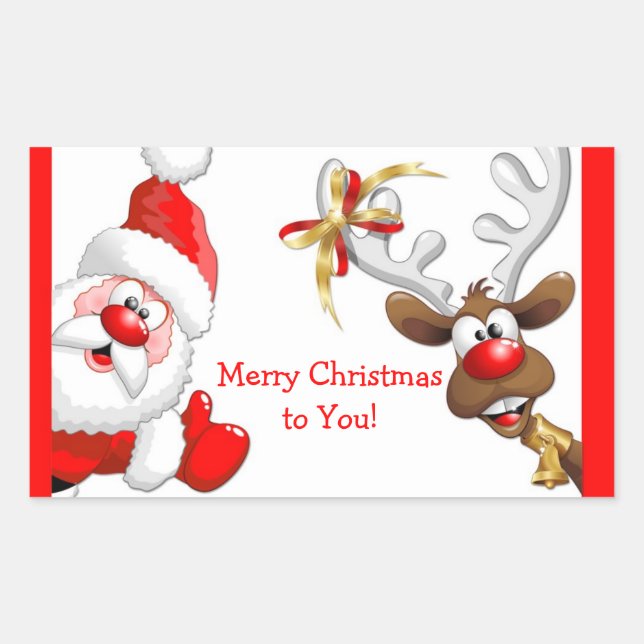 Santa and Reindeer Rectangular Sticker (Front)