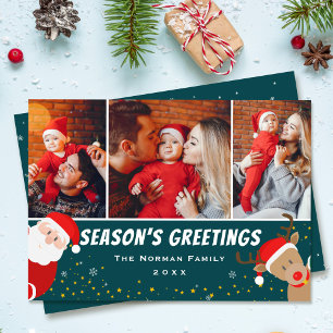 Santa and Reindeer Season’s Greetings 3 Photo Holiday Card