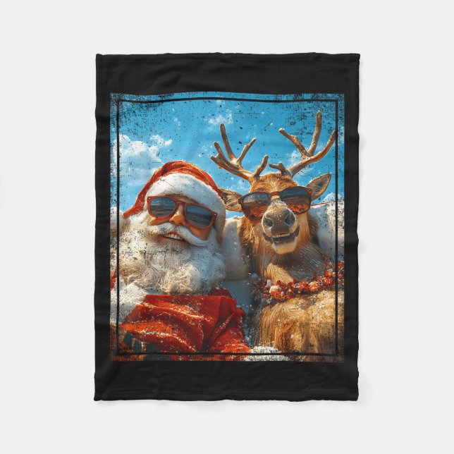 Santa And Reindeer Selfie Funny Christmas Vacation Fleece Blanket (Front)