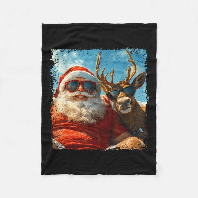 Santa And Reindeer Selfie Funny Christmas Vacation Fleece Blanket (Front)