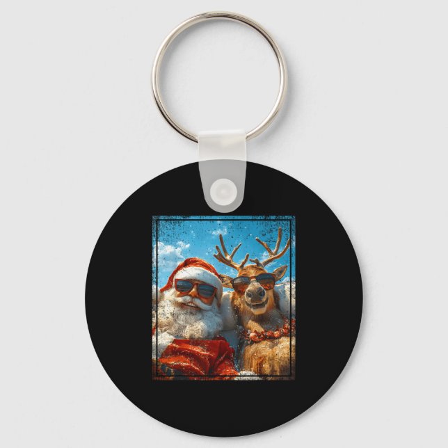 Santa And Reindeer Selfie Funny Christmas Vacation Key Ring (Front)