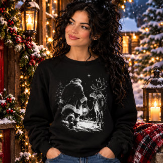 Santa and Reindeer Snowy Christmas Night Scene Sweatshirt