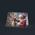 Santa And Reindeer, Snowy Forest, Christmas Tree 1 Holiday Card<br><div class="desc">This seasonal Christmas holiday card features an AI generated image of a close up of Santa and one of his reindeer sharing a tender moment in a snowy winter forest woodland with a beautifully decorated Christmas tree, decked out in twinkling, glowing coloured lights. Santa strokes the side of the reindeer's...</div>