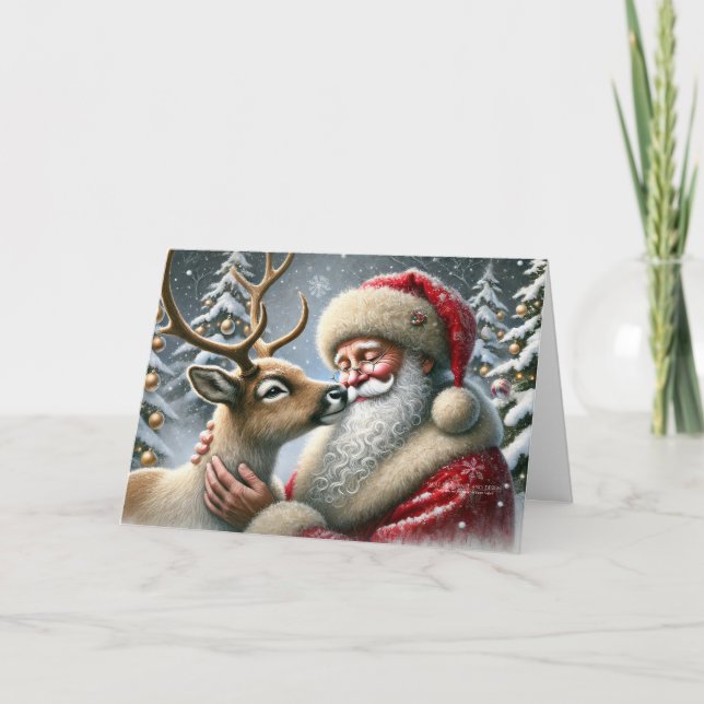 Santa And Reindeer, Snowy Forest, Christmas Tree 3 Holiday Card (Front)