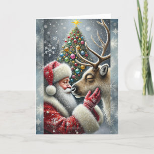Santa And Reindeer, Snowy Forest, Christmas Tree 6 Holiday Card