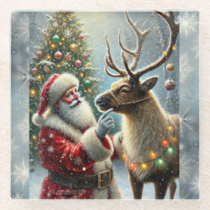 Santa And Reindeer, Snowy Forest, Christmas Tree 8 Glass Coaster