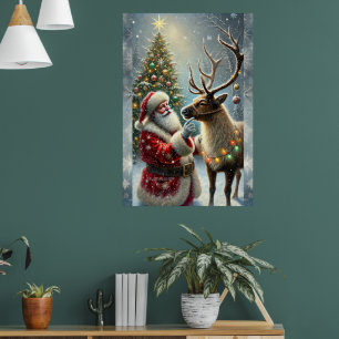 Santa And Reindeer, Snowy Forest, Christmas Tree 8 Poster