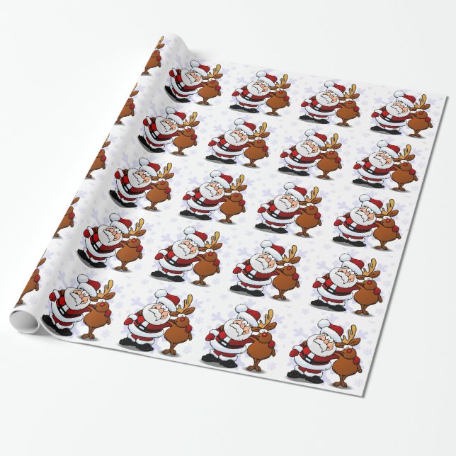 Santa and Reindeer Standing Arm in Arm Wrapping Paper (Unrolled)