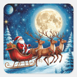 Santa And Reindeer Under Full Christmas Moon Square Sticker