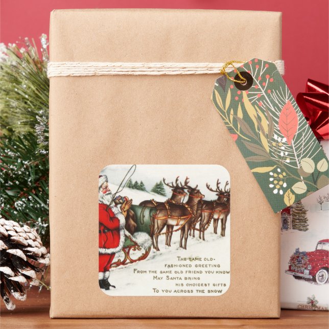 Santa and reindeer vintage Christmas sticker (Holiday)