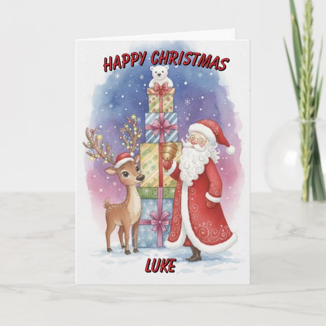 Santa and Reindeer With Presents Personalised Kids Holiday Card (Front)