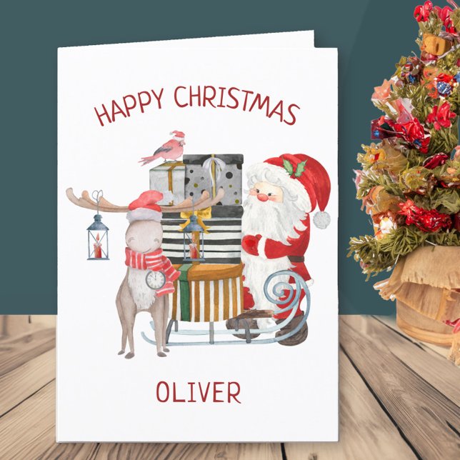 Santa and Reindeer with Sleigh Personalised Kids Holiday Card (Kids Santa Christmas Card with childs name)
