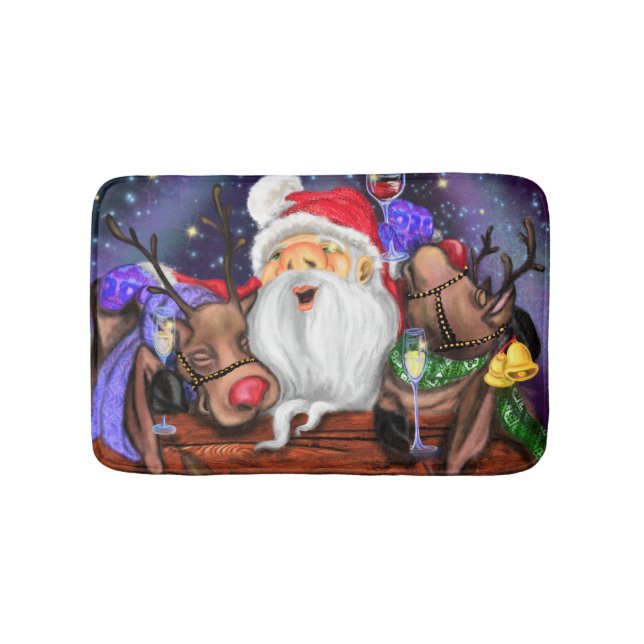 Santa and Reindeers Funny Christmas Bath Mat (Front)