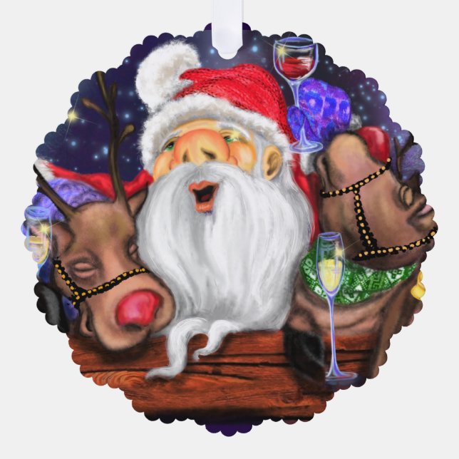 Santa and Reindeers Funny Christmas Ornament Card (Front)