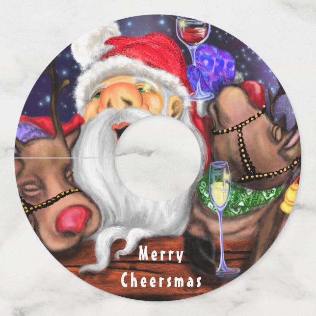 Santa and Reindeers Funny Christmas Wine Glass Tag (Front)