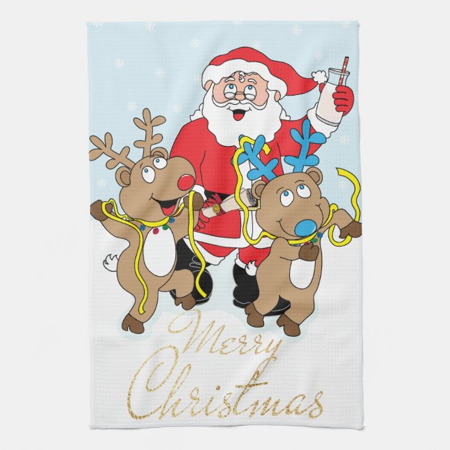 Santa and Reindeers Merry Christmas Tea Towel (Vertical)