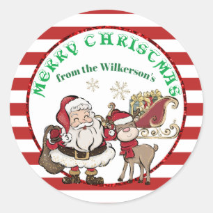 Santa and Rudolph Candy Cane Christmas Classic Round Sticker