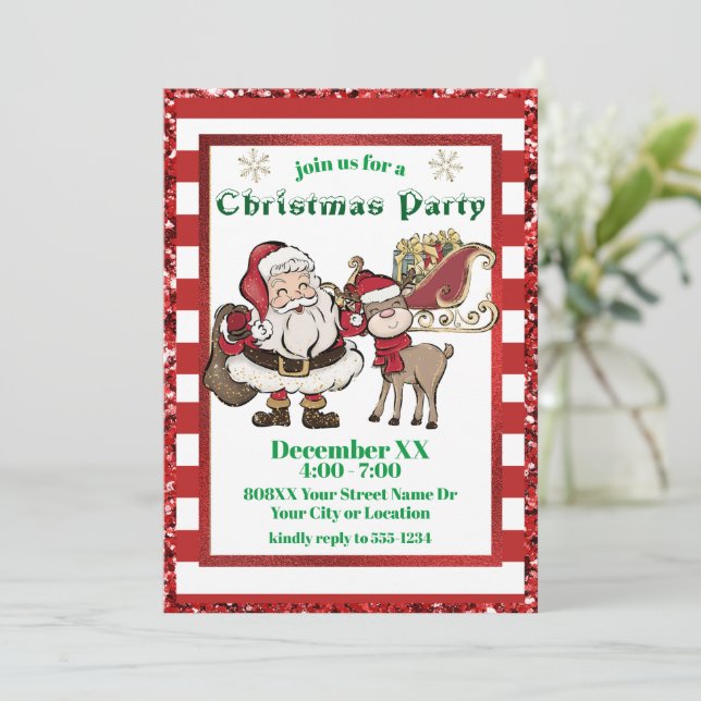 Santa and Rudolph Candy Cane Christmas Party Invitation (Standing Front)