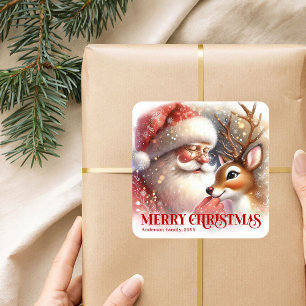 Santa and Rudolph Custom Christmas Party Favor  Square Sticker