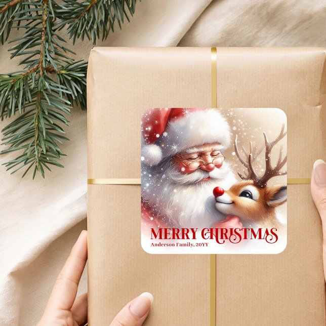 Santa and Rudolph Personalized Kids Christmas Labe Square Sticker (Santa and Rudolph Personalized Kids Christmas Label)