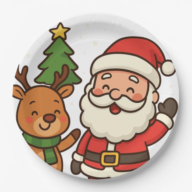 Santa and rudolph white paper plate (Front)