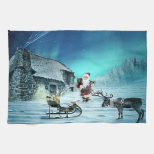 Santa and Rudolph with Sled Tea Towel