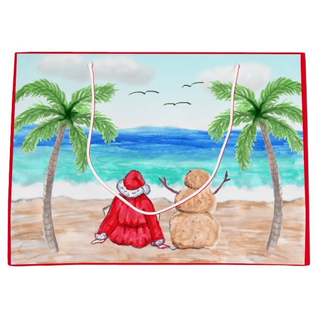 Santa and Sand Snowman on Beach Christmas Large Gift Bag (Front)