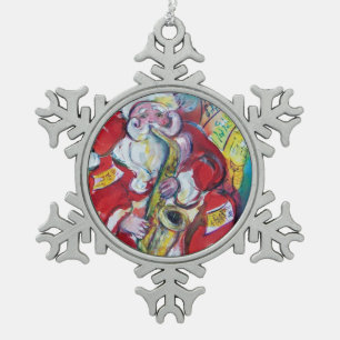 SANTA AND SAX, CHRISTMAS PARTY SNOWFLAKE PEWTER CHRISTMAS ORNAMENT