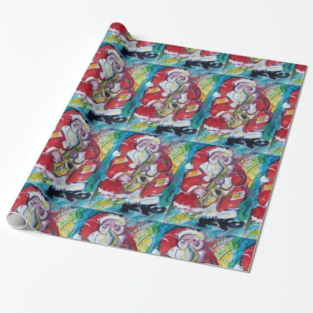 SANTA AND SAX, CHRISTMAS PARTY WRAPPING PAPER (Unrolled)