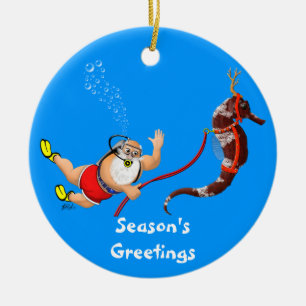 Santa and Seahorse Ornament (blue)