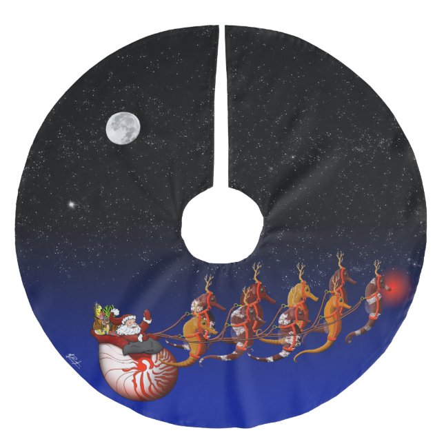 Santa and Seahorse Sleigh Brushed Polyester Tree Skirt (Front)